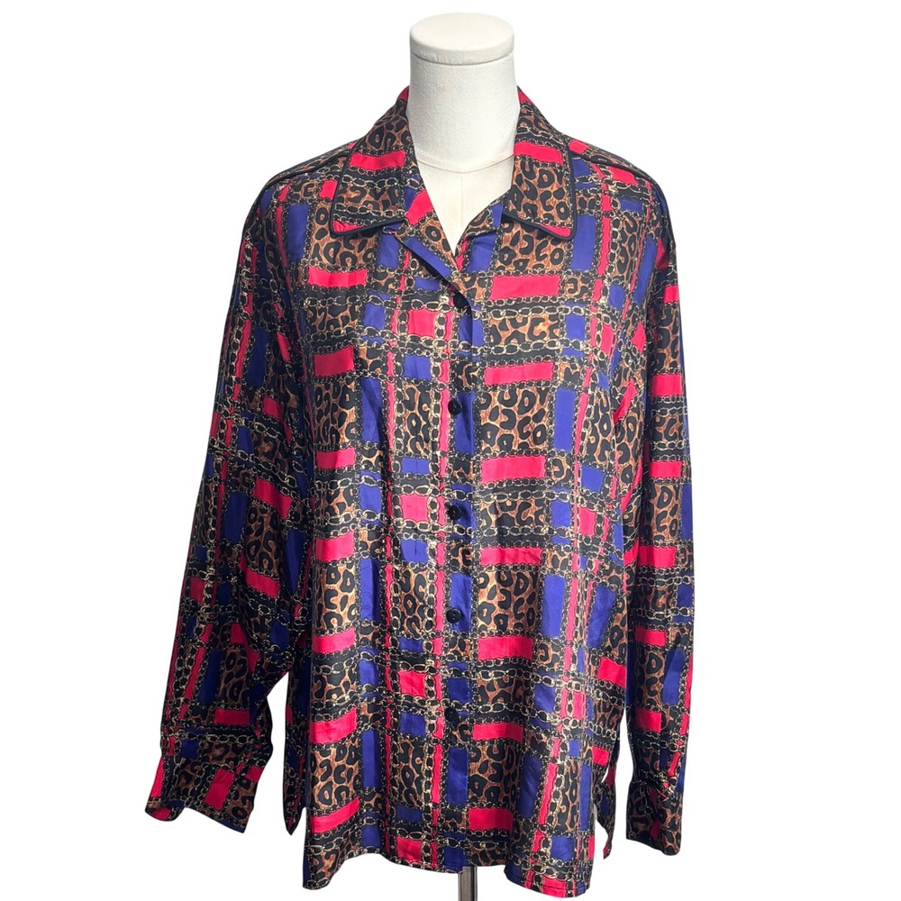 VTG 100% Silk Button Up Top Chains Leopard Blue Red Old Money Equestrian Medium